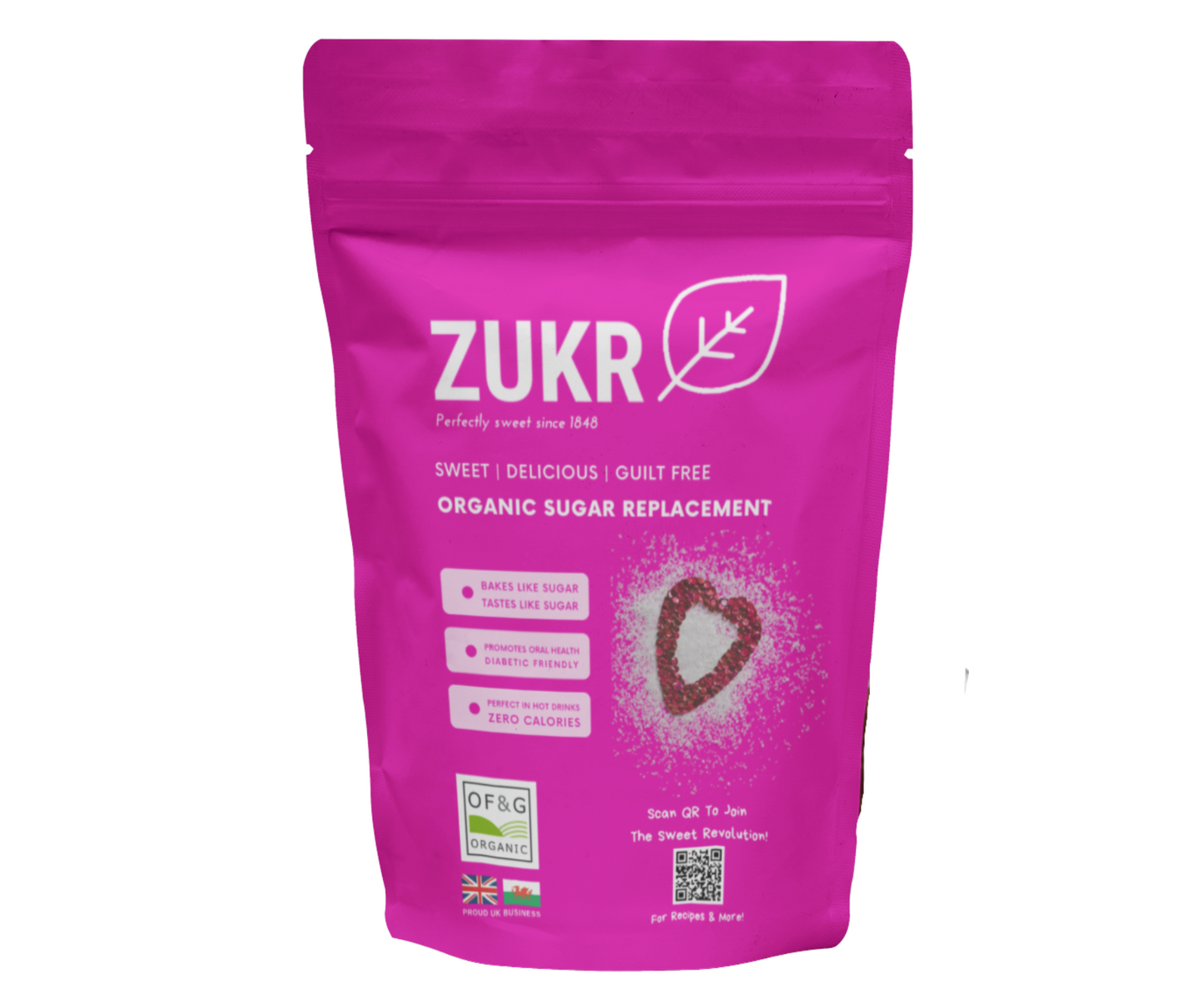 A vibrant pink resealable bag of ZUKR Natural Organic Sugar Replacement, a zero-calorie, zero-GI sugar alternative perfect for healthy cooking and baking.