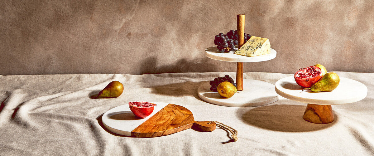 White Marble & Acacia Cake Stand