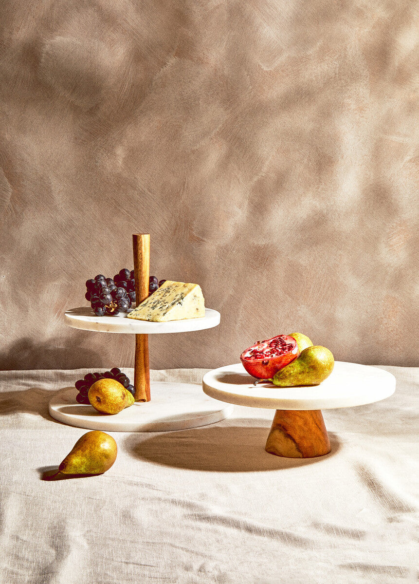 White Marble & Acacia Cake Stand