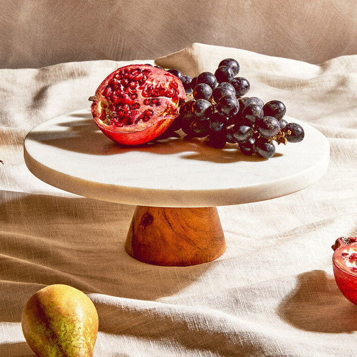 White Marble & Acacia Cake Stand