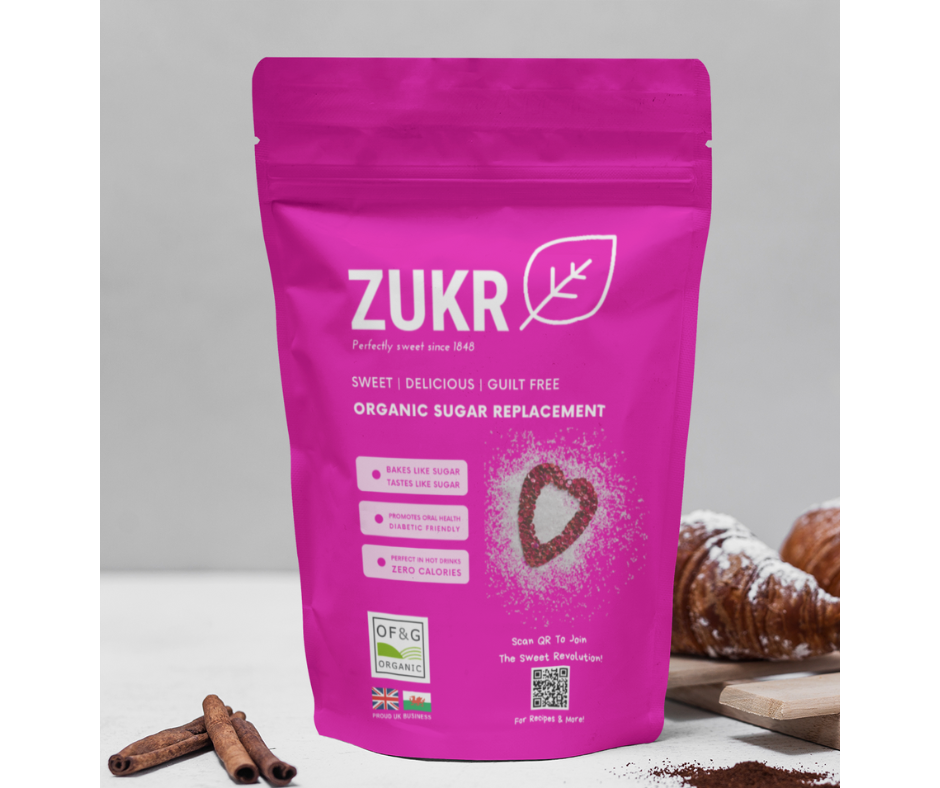 ZUKR 500g Natural Organic Sugar Replacement. It is a granulated sugar replacement that is zero calorie, has zero GI, and is keto, vegan, and pet-safe. It can be used in baking and hot drinks.