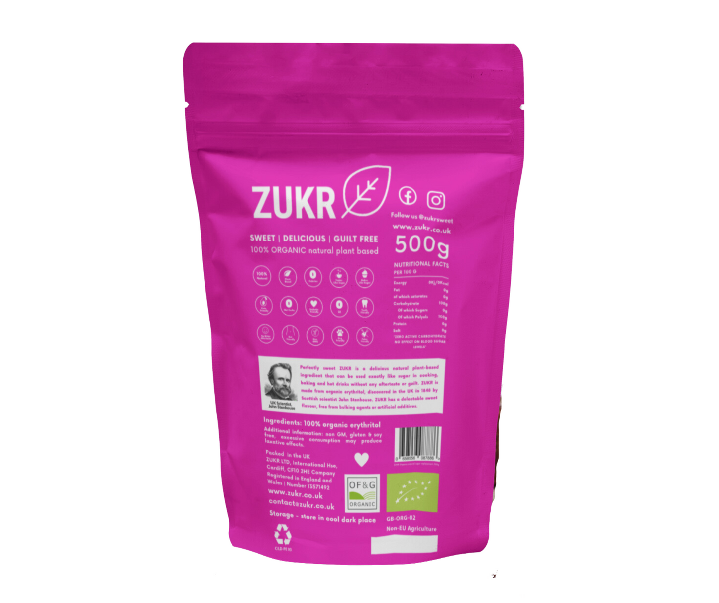 500g ZUKR Natural Organic Sugar Replacement, a zero-calorie, zero-GI sugar alternative perfect for healthy cooking and baking.