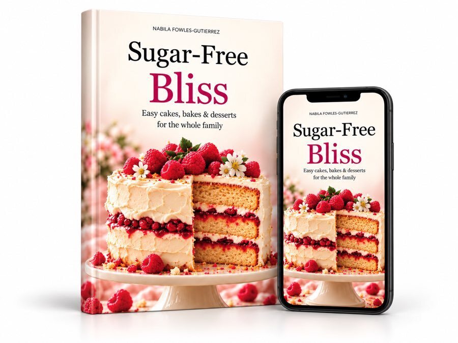 Sugar-Free Bliss digital e-book by Nabila Fowles-Gutierrez, shown as a book and phone mock-up