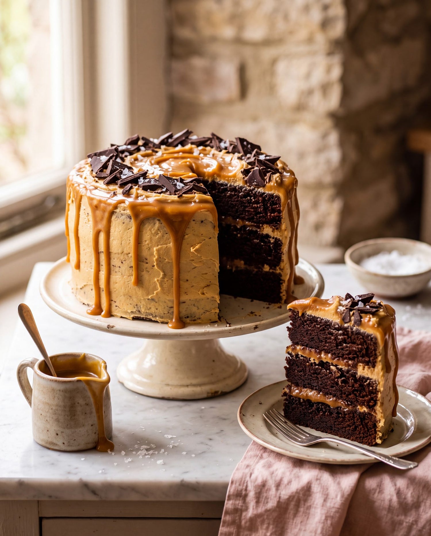 Sugar-free salted caramel chocolate layer cake